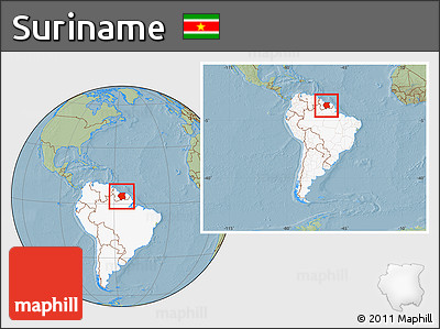 Savanna Style Location Map of Suriname, highlighted continent, within the entire continent, hill shading