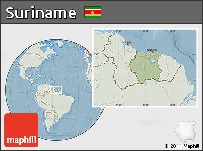 Savanna Style Location Map of Suriname, lighten, land only, hill shading