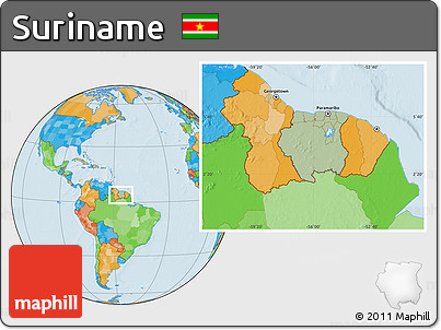 Savanna Style Location Map of Suriname, political outside, hill shading
