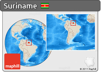 Shaded Relief Location Map of Suriname, within the entire continent