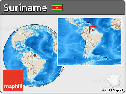 Shaded Relief Location Map of Suriname, within the entire continent