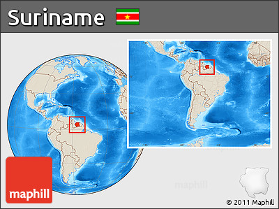 Shaded Relief Location Map of Suriname, within the entire continent