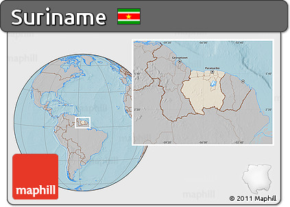 Shaded Relief Location Map of Suriname, gray outside, hill shading