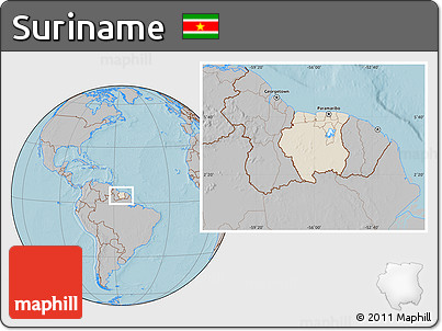 Shaded Relief Location Map of Suriname, gray outside, hill shading