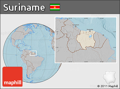Shaded Relief Location Map of Suriname, gray outside, hill shading