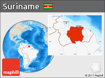 Shaded Relief Location Map of Suriname, highlighted continent