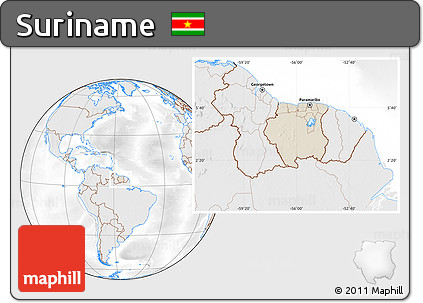 Shaded Relief Location Map of Suriname, lighten, desaturated
