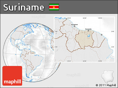 Shaded Relief Location Map of Suriname, lighten, desaturated