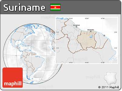 Shaded Relief Location Map of Suriname, lighten, desaturated