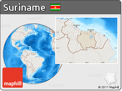 Shaded Relief Location Map of Suriname, lighten, land only