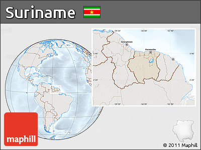 Shaded Relief Location Map of Suriname, lighten, semi-desaturated