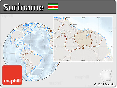 Shaded Relief Location Map of Suriname, lighten, semi-desaturated