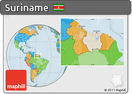 Shaded Relief Location Map of Suriname, political outside