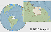 Shaded Relief Location Map of Suriname, savanna style outside, hill shading
