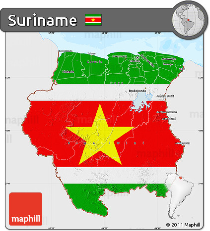Flag Map of Suriname, single color outside, bathymetry sea, flag centered