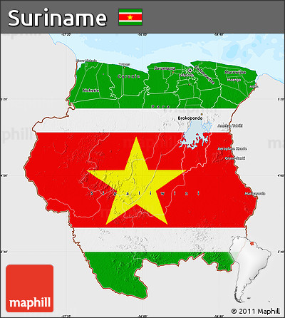 Flag Map of Suriname, single color outside, bathymetry sea, flag centered