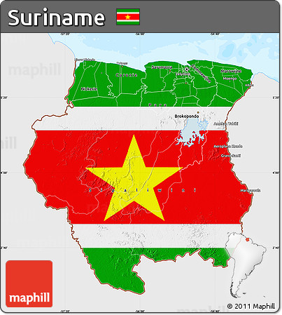Flag Map of Suriname, single color outside, bathymetry sea, flag centered