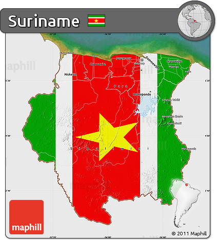 Flag Map of Suriname, single color outside, satellite sea, flag rotated