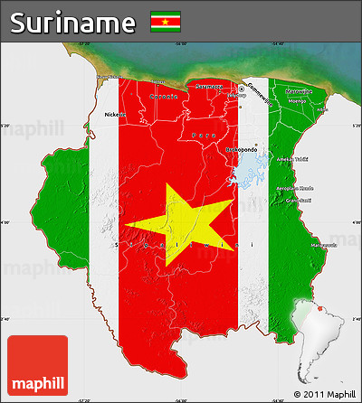 Flag Map of Suriname, single color outside, satellite sea, flag rotated