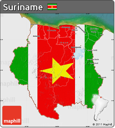 Flag Map of Suriname, single color outside, satellite sea, flag rotated