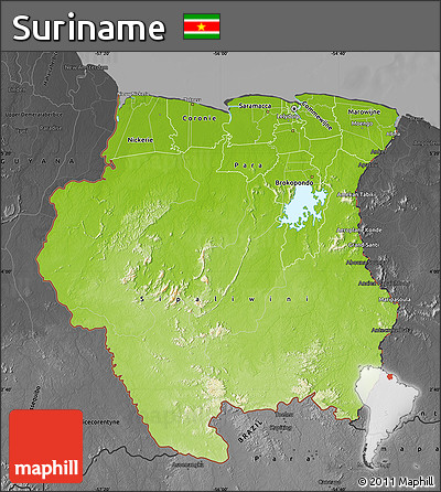 Physical Map of Suriname, darken, desaturated