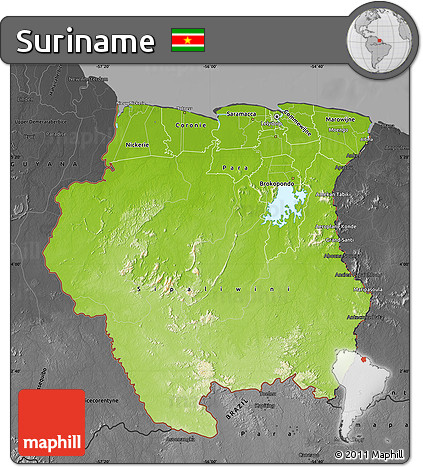 Physical Map of Suriname, darken, desaturated
