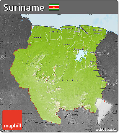Physical Map of Suriname, darken, desaturated, land only