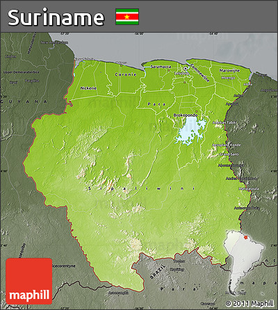 Physical Map of Suriname, darken, semi-desaturated
