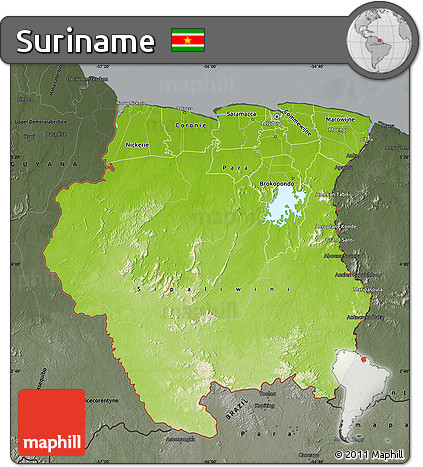 Physical Map of Suriname, darken, semi-desaturated