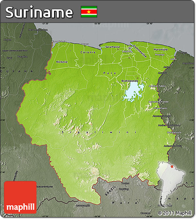 Physical Map of Suriname, darken, semi-desaturated