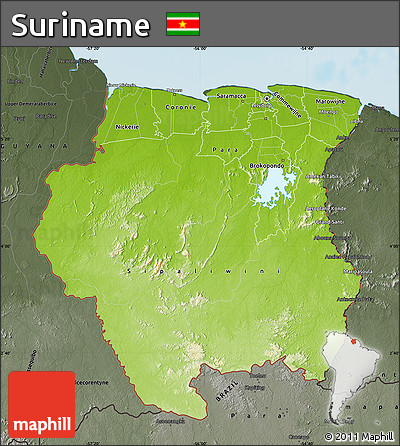 Physical Map of Suriname, darken, semi-desaturated, land only