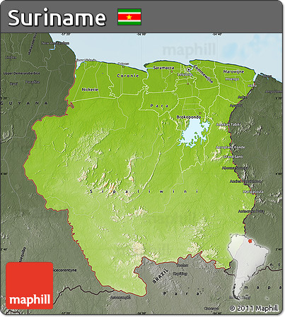 Physical Map of Suriname, darken, semi-desaturated, land only