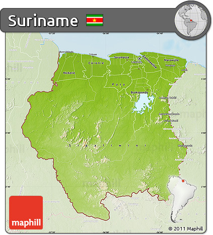 Physical Map of Suriname, lighten, land only