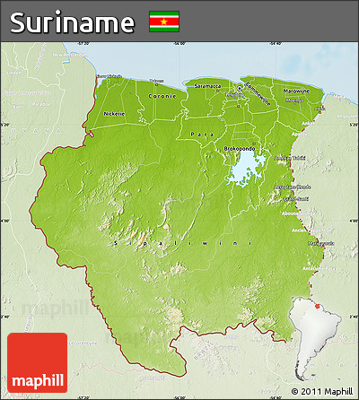 Physical Map of Suriname, lighten, land only