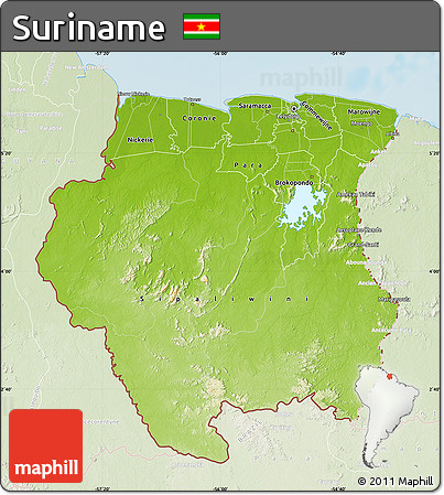 Physical Map of Suriname, lighten, land only