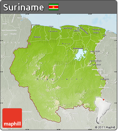 Physical Map of Suriname, lighten, semi-desaturated, land only