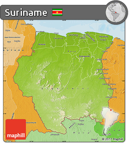 Physical Map of Suriname, political shades outside