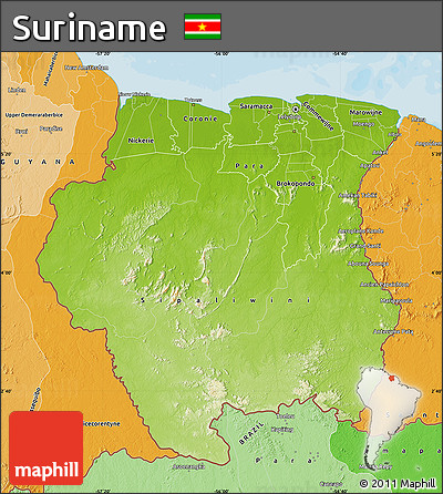 Physical Map of Suriname, political shades outside