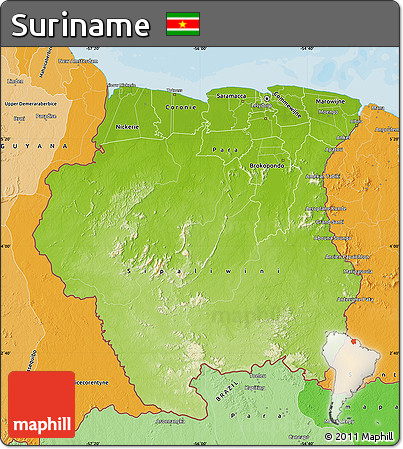 Physical Map of Suriname, political shades outside