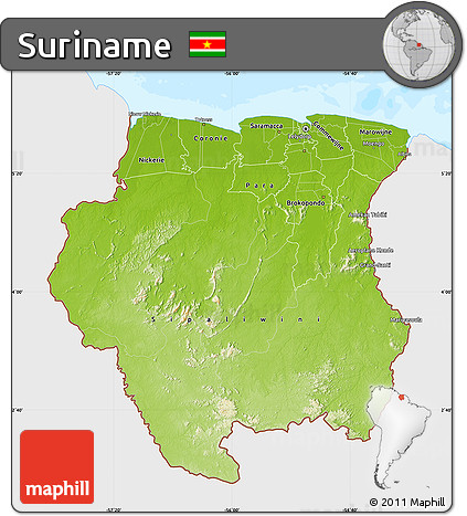 Physical Map of Suriname, single color outside, bathymetry sea