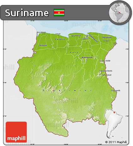 Physical Map of Suriname, single color outside, bathymetry sea, shaded relief sea