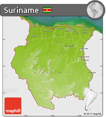 Physical Map of Suriname, single color outside, satellite sea