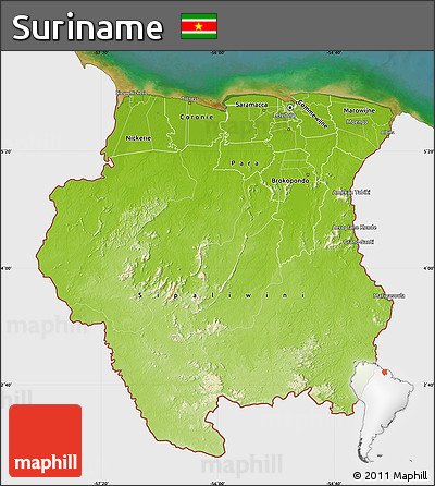 Physical Map of Suriname, single color outside, satellite sea