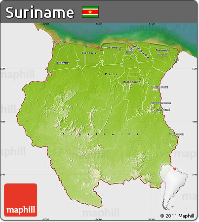 Physical Map of Suriname, single color outside, satellite sea