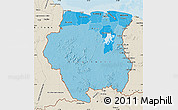 Political Shades Map of Suriname, shaded relief outside, bathymetry sea