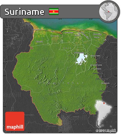 Satellite Map of Suriname, darken, desaturated, land only