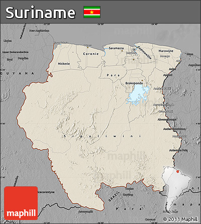 Shaded Relief Map of Suriname, darken, desaturated