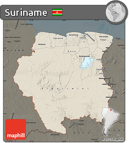 Shaded Relief Map of Suriname, darken
