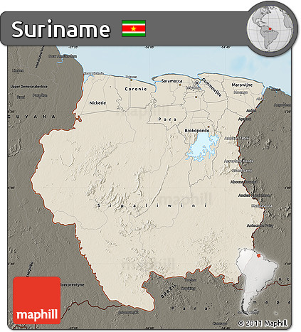 Shaded Relief Map of Suriname, darken, land only