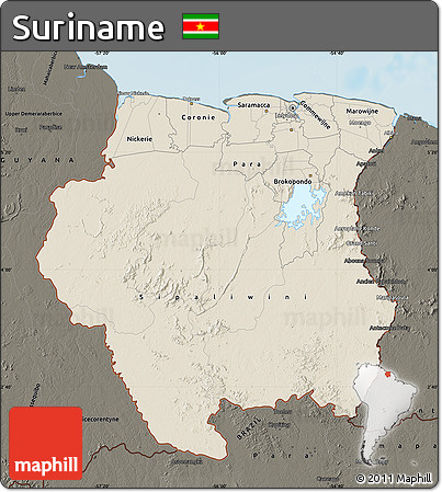 Shaded Relief Map of Suriname, darken, land only